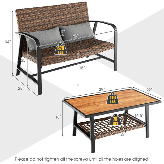 2 Pieces Patio Rattan Coffee Table Set with Shelf and Quick Dry Cushion W2B