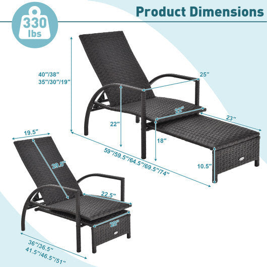 Patio Chaise Lounge Outdoor Rattan Lounge Chair with Retractable Ottoman W2B