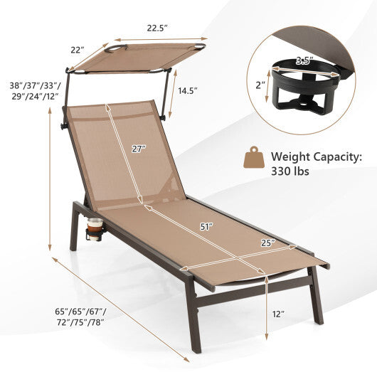 Outdoor Chaise Lounge Chair with Sunshade and 6 Adjustable Position-Brown W2B
