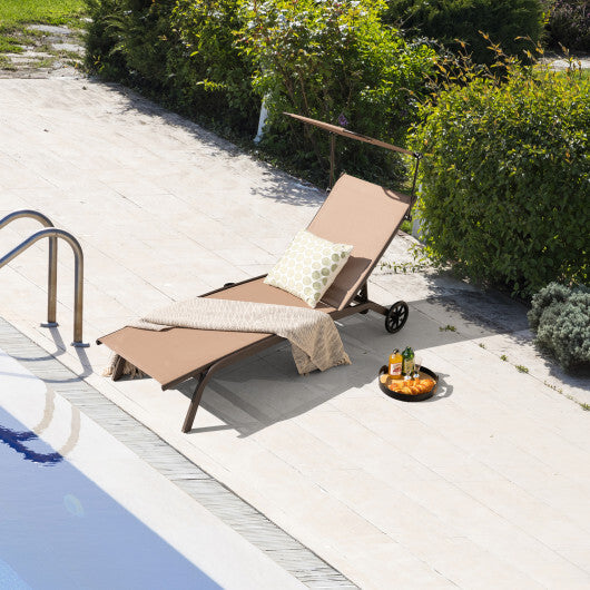 Patio Heavy-Duty Adjustable Chaise Lounge Chair with Canopy Cup holder and Wheels-Brown W2B