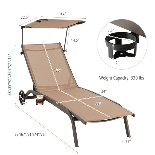 Patio Heavy-Duty Adjustable Chaise Lounge Chair with Canopy Cup holder and Wheels-Brown W2B