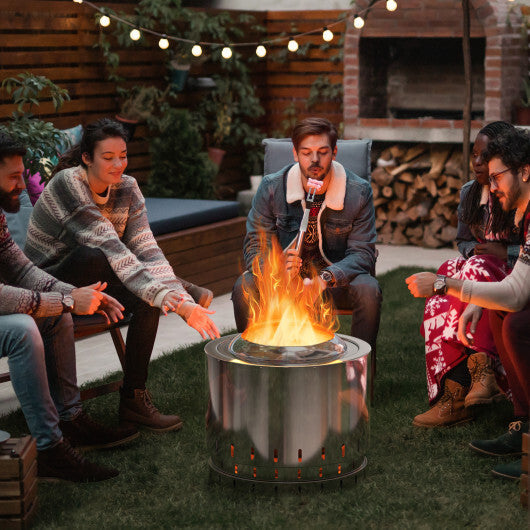 Smokeless Stainless Steel Fire Pit with Ash Pan for Yard Camping-Silver W2B