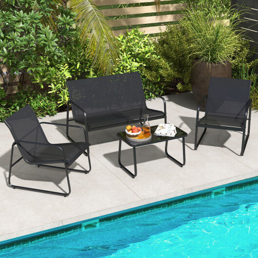 4 Pieces Outdoor Conversation Set with Tempered Glass Coffee Table-Black W2B