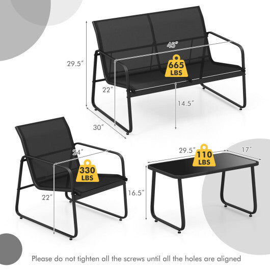 4 Pieces Outdoor Conversation Set with Tempered Glass Coffee Table-Black W2B
