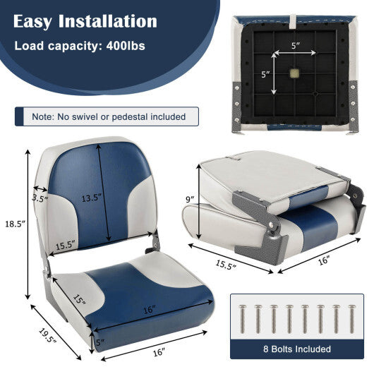 2 Pieces Low Back Boat Seat Set with Sponge Padding and Aluminum Hinges-Blue W2B