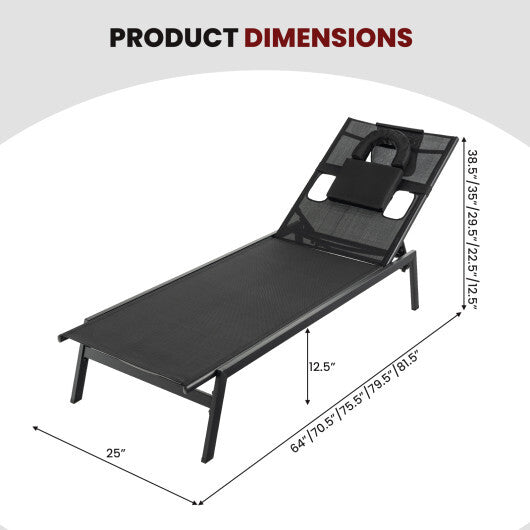 Patio Sunbathing Lounge Chair 5-Position Adjustable Tanning Chair-Black W2B