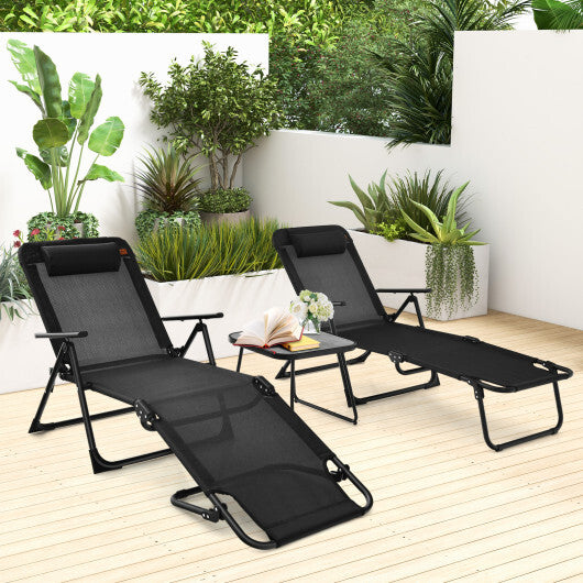 3 Pieces Patio Folding Chaise Lounge Set with PVC Tabletop-Black W2B
