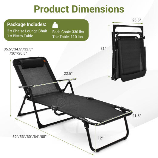 3 Pieces Patio Folding Chaise Lounge Set with PVC Tabletop-Black W2B