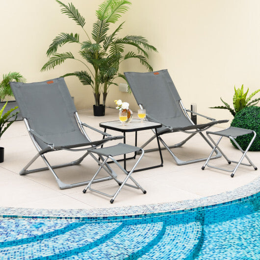 5-Piece Patio Sling Chair Set Folding Lounge Chairs with Footrests and Coffee Table-Gray W2B