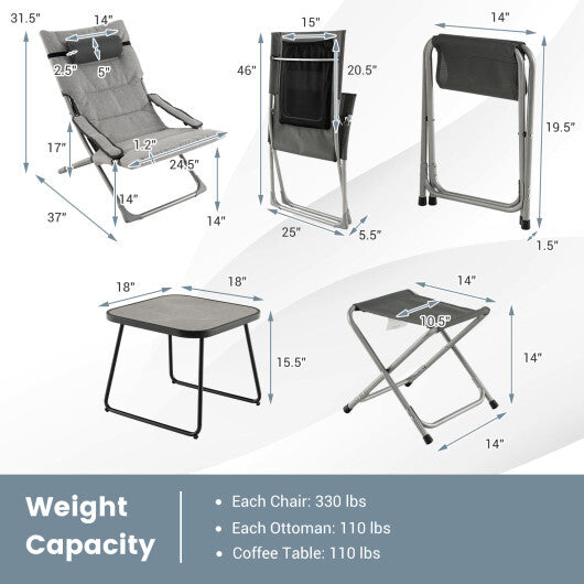 5-Piece Patio Sling Chair Set Folding Lounge Chairs with Footrests and Coffee Table-Gray W2B