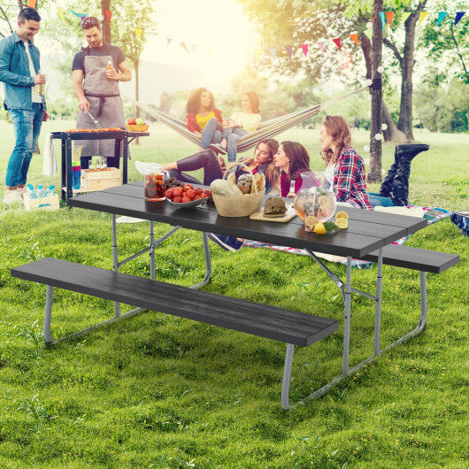 Folding Picnic Table Set with Metal Frame and All-Weather HDPE Tabletop Umbrella Hole-Black
