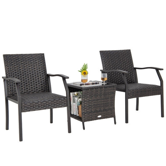 3 Piece Patio Wicker Chair Set with Quick Dry Foam Cushions All Weather