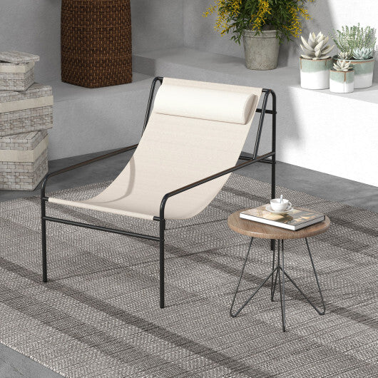 Patio Sling Lounge Chair with Removable Headrest Pillow and Metal Frame-Beige W2B