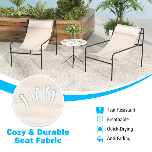 Patio Sling Lounge Chair with Removable Headrest Pillow and Metal Frame-Beige W2B