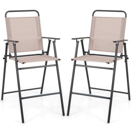 Set of 2 Patio Folding Bar-Height Chairs with Armrests and Quick-Drying Seat-Beige W2B
