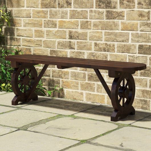Patio Rustic Wood Bench with Wagon Wheel Base W2B