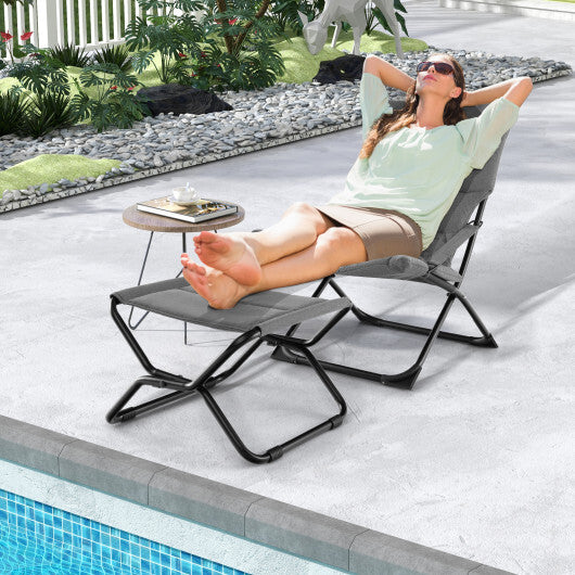 Patio Folding Sling Chair with Ottoman Footrest and Removable Cushion-Gray W2B