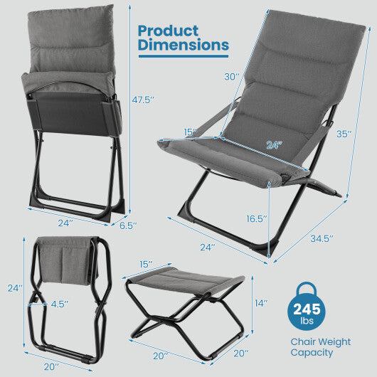 Patio Folding Sling Chair with Ottoman Footrest and Removable Cushion-Gray W2B
