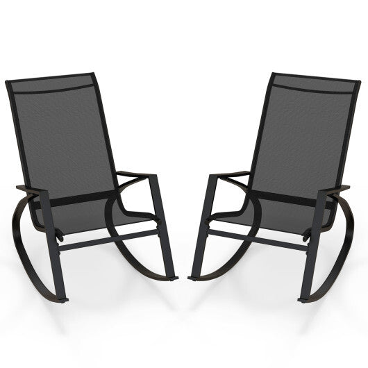 2 Pieces Patio Rocking Chairs Outdoor Sling Fabric Rockers with Ergonomic Backrest and Seat-Black W2B