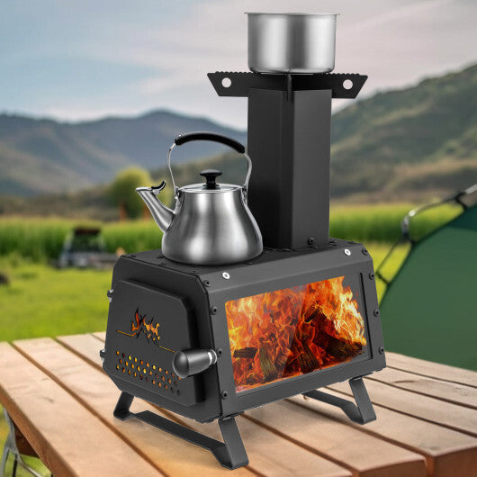 Patented Portable Wood Camping Burning Stove Heater Tabletop Fire Pit with 2 Cooking Positions W2B