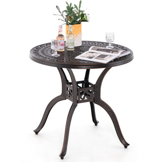 31.5 Inch Cast Aluminum Table Patio Round Dining Table with Umbrella Hole-Copper W2B