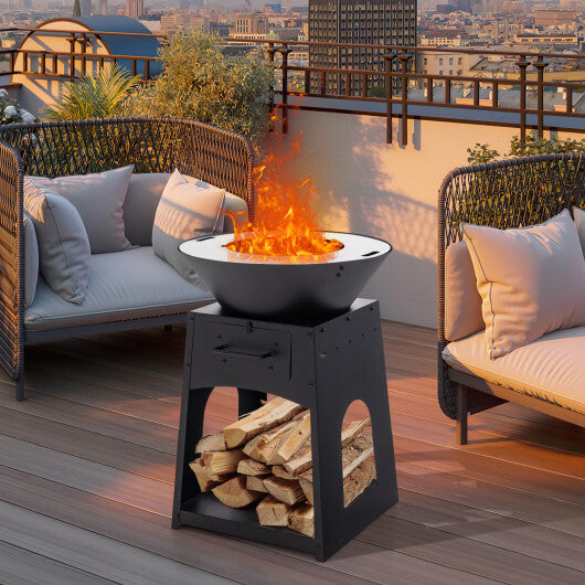 Patio Fire Pit with Firewood Log Rack with Grill and Ash Box-Black W2B