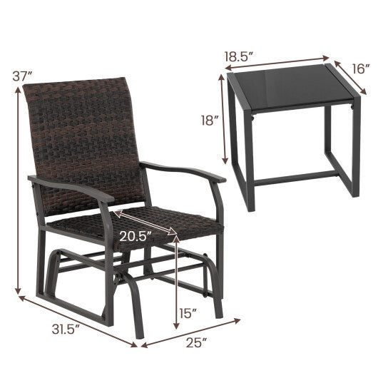 3 Piece Patio Gliding Set with Tempered Glass Coffee Table All Weather-Brown W2B