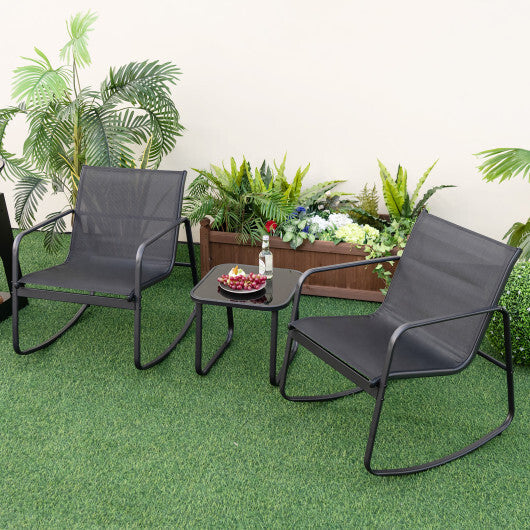 2 Rocking Bistro Chairs and Glass-Top Table for Porch Yard Balcony-Black W2B