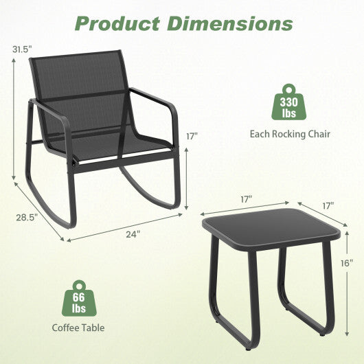 2 Rocking Bistro Chairs and Glass-Top Table for Porch Yard Balcony-Black W2B