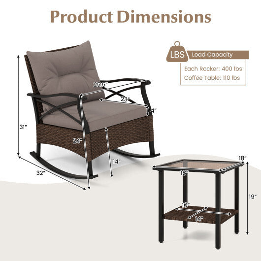 3 Pieces Outdoor Rattan Rocking Chairs Set with 2-Tier Side Table for Garden Backyard-Brown
