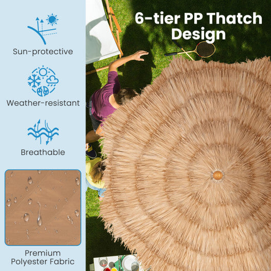 6.5 Feet Thatched Tiki Umbrella with Foldable Stand Push Button Tilt-Natural W2B
