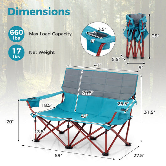Oversized Camping Chair Folding Loveseat Camping Couch with Cup Holders & Thick Padding-Green W2B