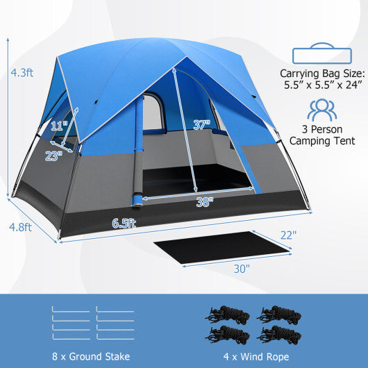 3 Person Outdoor Camping Tent with Removable Floor Mat for Camping Hiking Traveling-Blue W2B