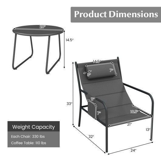 3 Piece Outdoor Bistro Set Patio Metal Chair and Coffee Table Set-Gray W2B