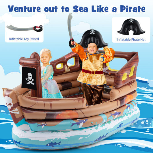 Inflatable Pirate Ship Playhouse with Built-in Motor and Inflatable Toy Sword-Brown W2B