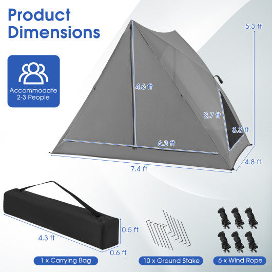 Pop-up Camping Tent for 2-3 People with Carry Bag and Rainfly for Backpacking Hiking Trip-Gray W2B