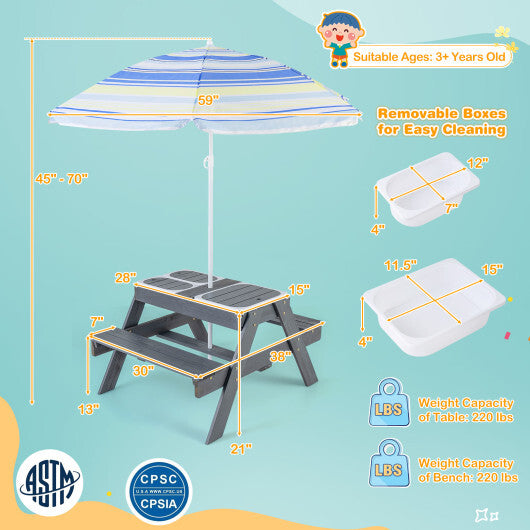Kids Picnic Table Set with 3 Removable Bins-Gray W2B