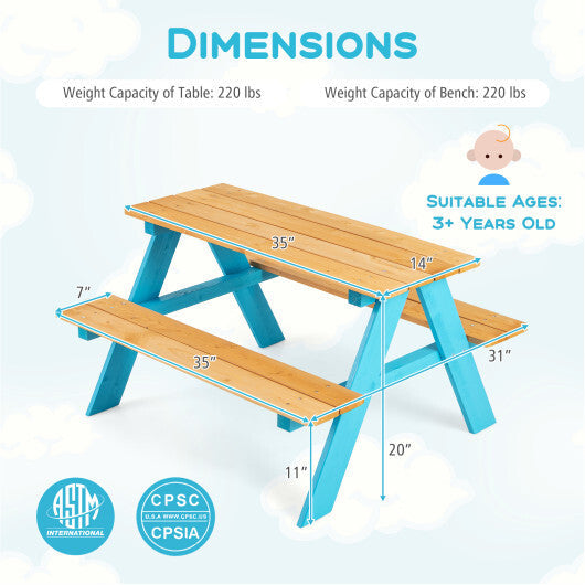 Children Outdoor Wooden Table with Bench Seats for Indoor and Outdoor Use-Natural W2B