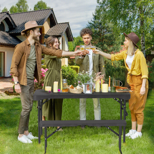 Outdoor Folding Table Bench Set w All-Weather HDPE Tabletop and Sturdy Metal Frame-Black W2B