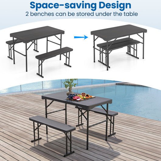 Outdoor Folding Table Bench Set w All-Weather HDPE Tabletop and Sturdy Metal Frame-Black W2B