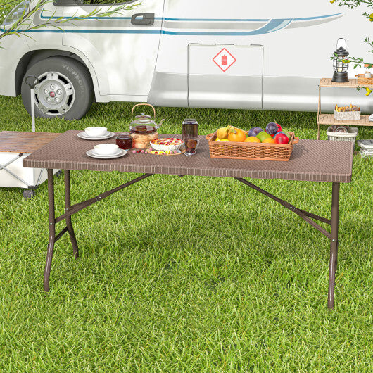 5FT Folding Picnic Table with Rattan Grain HDPE Tabletop and Sturdy Metal Fame-Coffee W2B