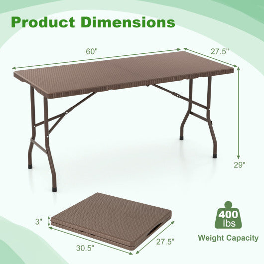 5FT Folding Picnic Table with Rattan Grain HDPE Tabletop and Sturdy Metal Fame-Coffee W2B