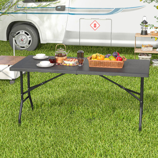 5FT Folding Picnic Table with Wood Grain HDPE Tabletop and Non-slip Foot Pads-Black W2B