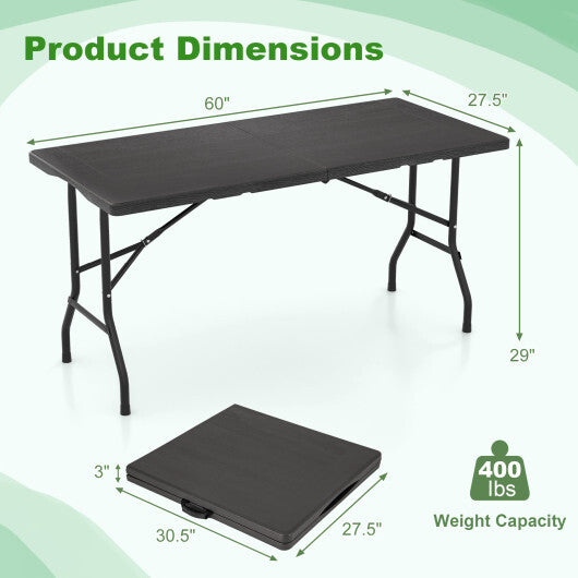 5FT Folding Picnic Table with Wood Grain HDPE Tabletop and Non-slip Foot Pads-Black W2B