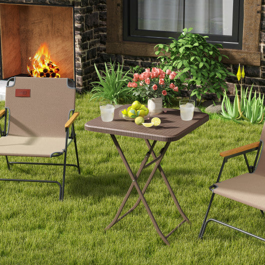 Folding Picnic Table with Rattan Grain HDPE Tabletop and Sturdy Metal Fame-Coffee W2B