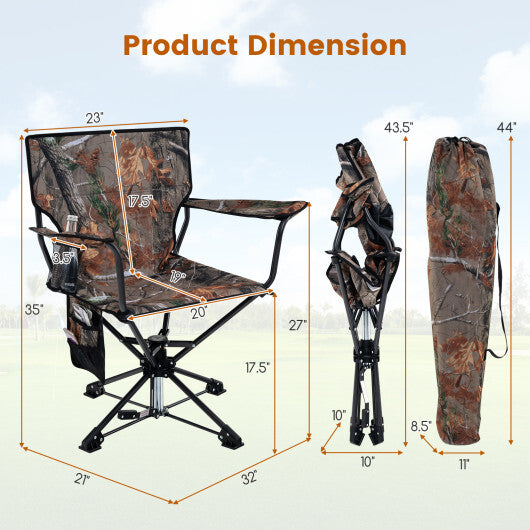 360 Swivel Hunting Chair Portable Foldable Hunting Chair with Mesh Cup Holder and Storage Pockets-Blue W2B