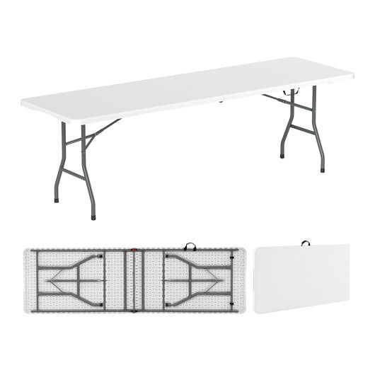 8 ft Portable Folding Table 350 LBS Fold-in-Half Table with HDPE Tabletop-White W2B