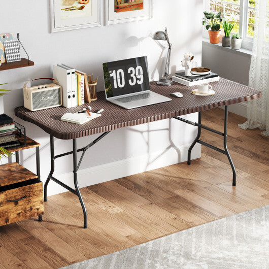 6 ft Portable Folding Table with Rattan-Like HDPE Tabletop and Safe Lock Mechanism-Brown W2B