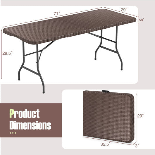 6 ft Portable Folding Table with Rattan-Like HDPE Tabletop and Safe Lock Mechanism-Brown W2B