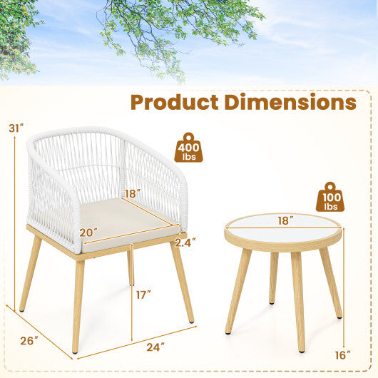 3 Pieces Outdoor Bistro PE Wicker Conversation Furniture Set-White W2B